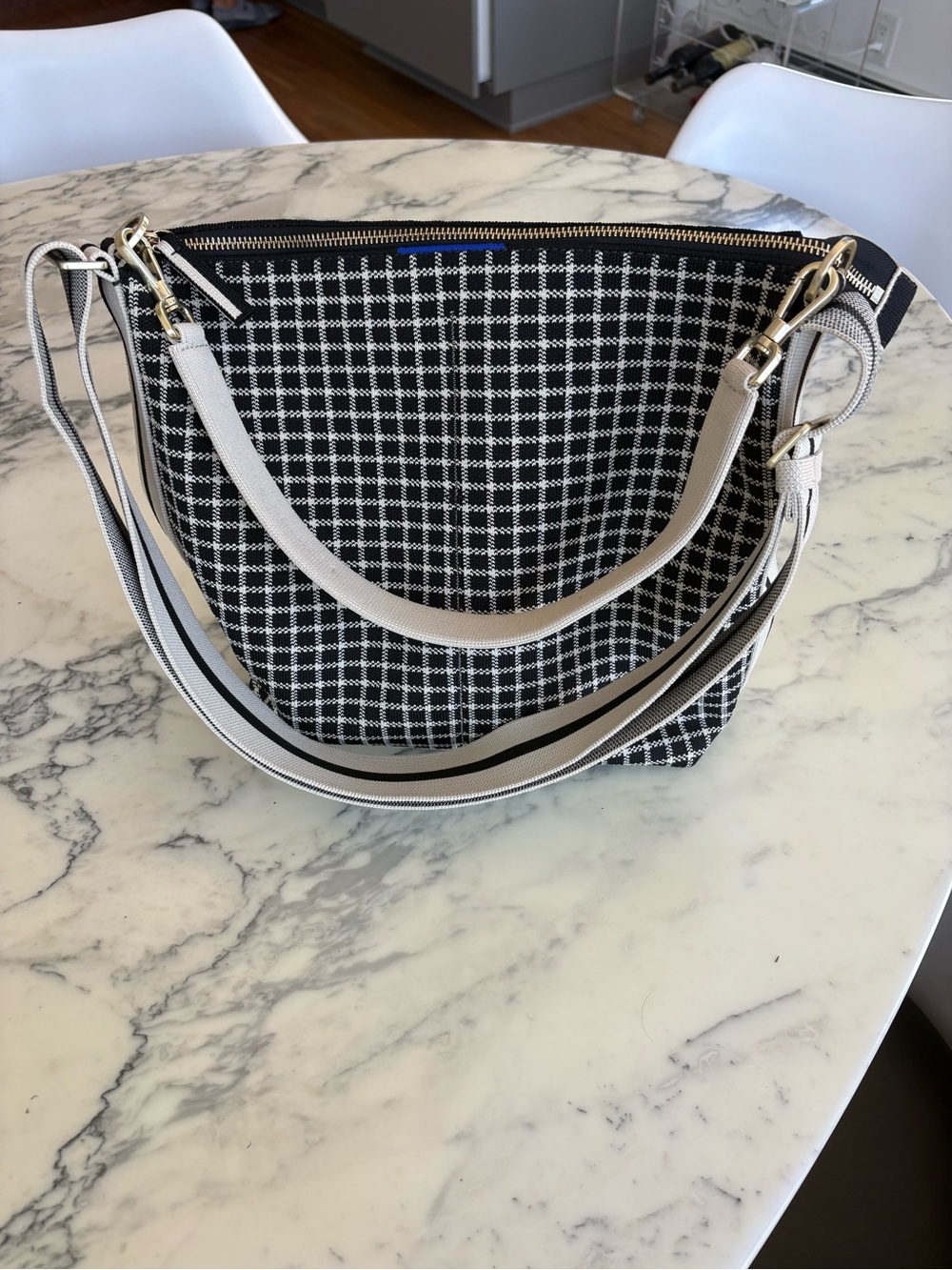 NEW The Mini Zip Bucket by Rothy's in the Black and Ivory Grid pattern